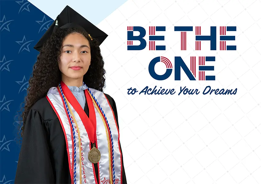Graduate wearing a grad cap and gown