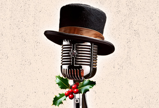 Anthropomorphized 1940s radio mic wearing hat and mistletoe